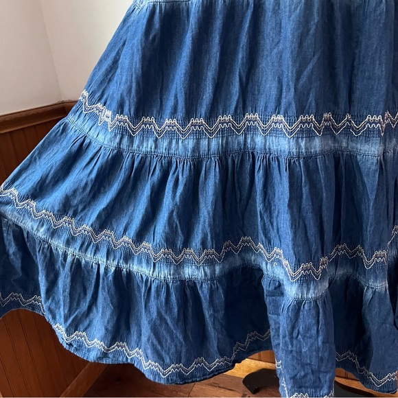 Lapis Denim crochet tiered midi dress smocked spaghetti blue embroidered small - Picture 3 of 6